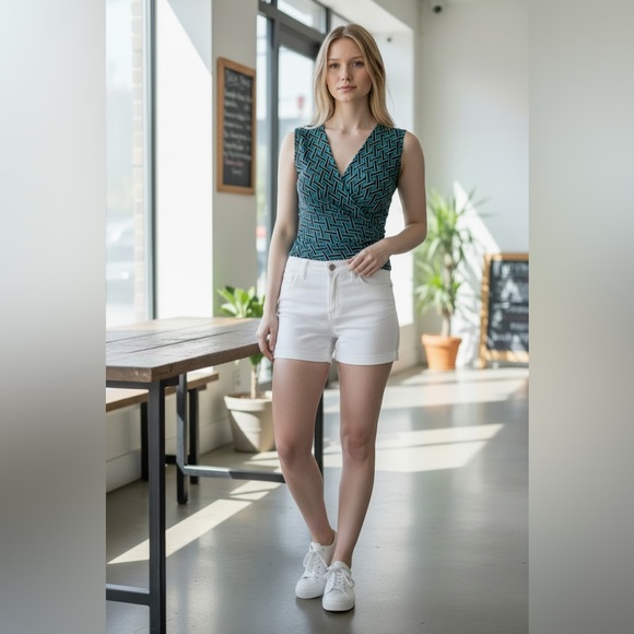 New York & Company STRETCH blue& black sleeveless summer wrap top (Size XS) - Picture 8 of 8